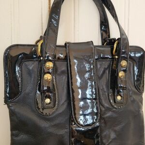 John Hort Black Leather Handbag Hand Made in Canada Patent leather Gold